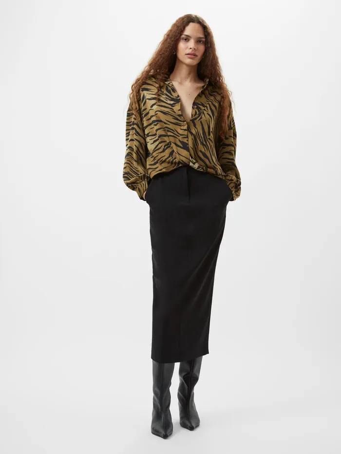 French Connection Damasco Adeline Print Tuck Shirt Golden Olive Khaki Woman Tops