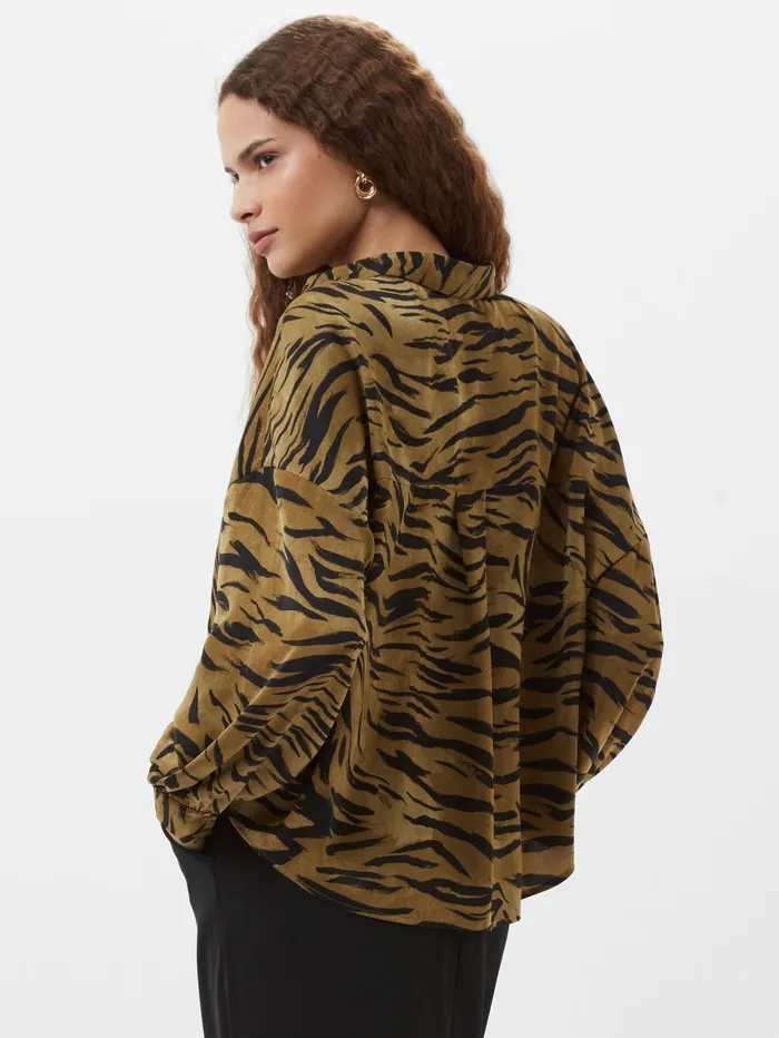 French Connection Damasco Adeline Print Tuck Shirt Golden Olive Khaki Woman Tops
