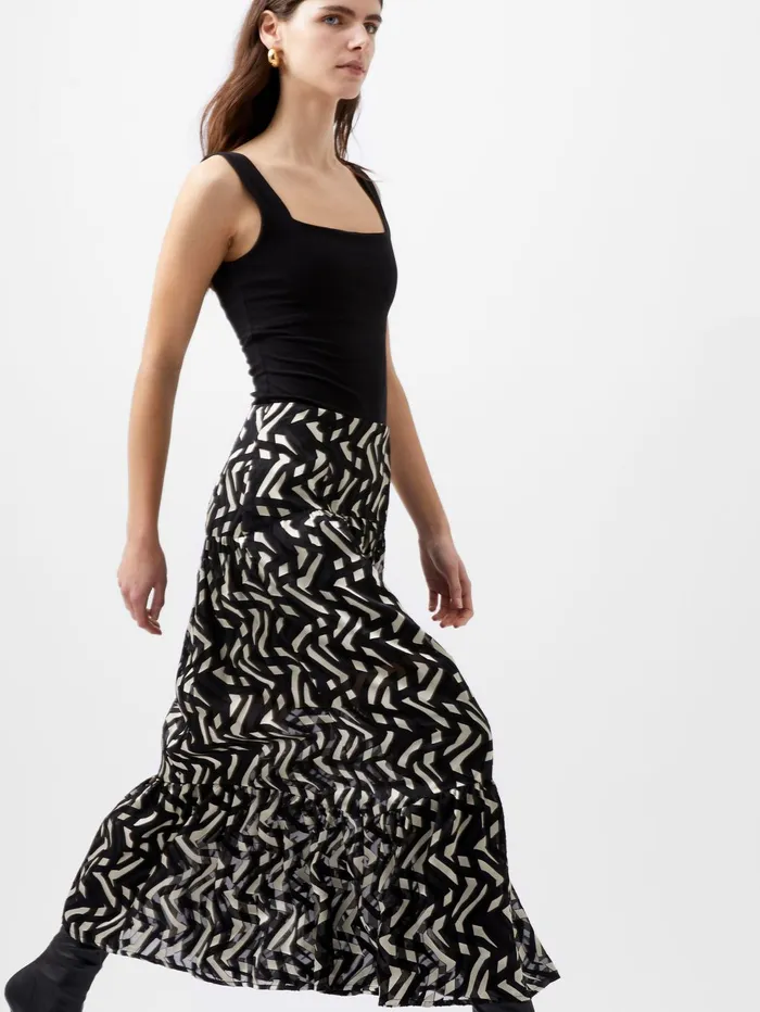 French Connection Diandra Satin Devore Skirt BlackCream Woman Skirts
