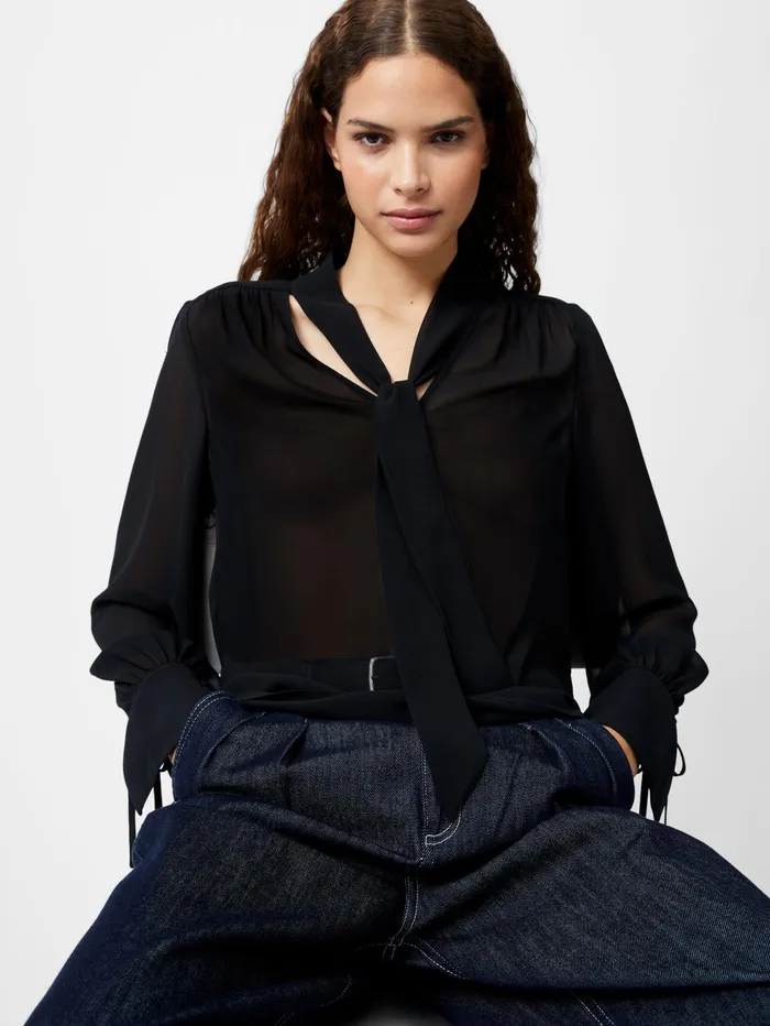 French Connection Eden Georgette Tie Neck Blouse Blackout Woman Tops