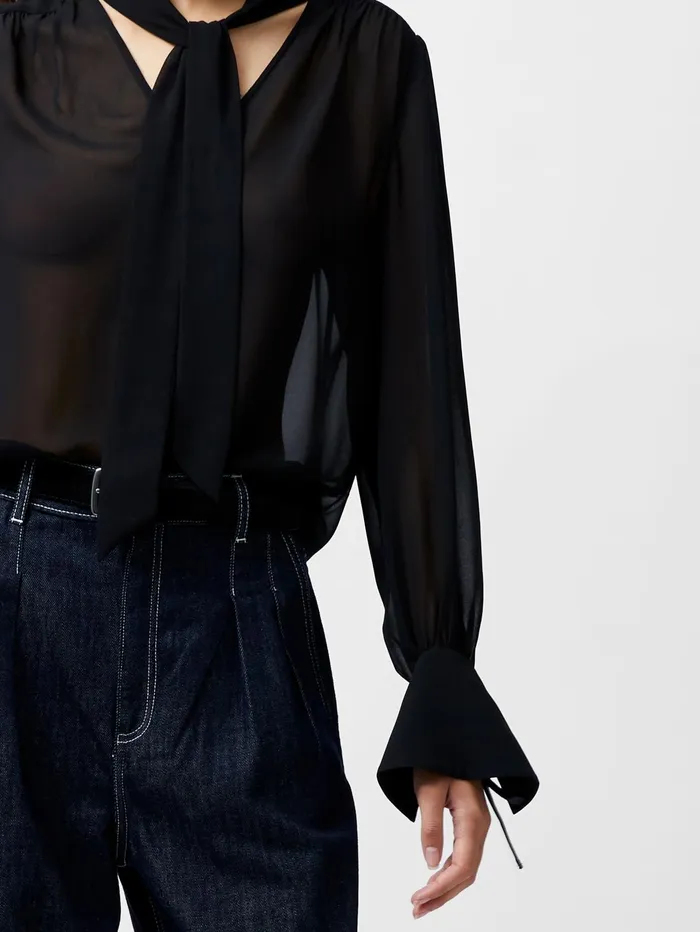 French Connection Eden Georgette Tie Neck Blouse Blackout Woman Tops