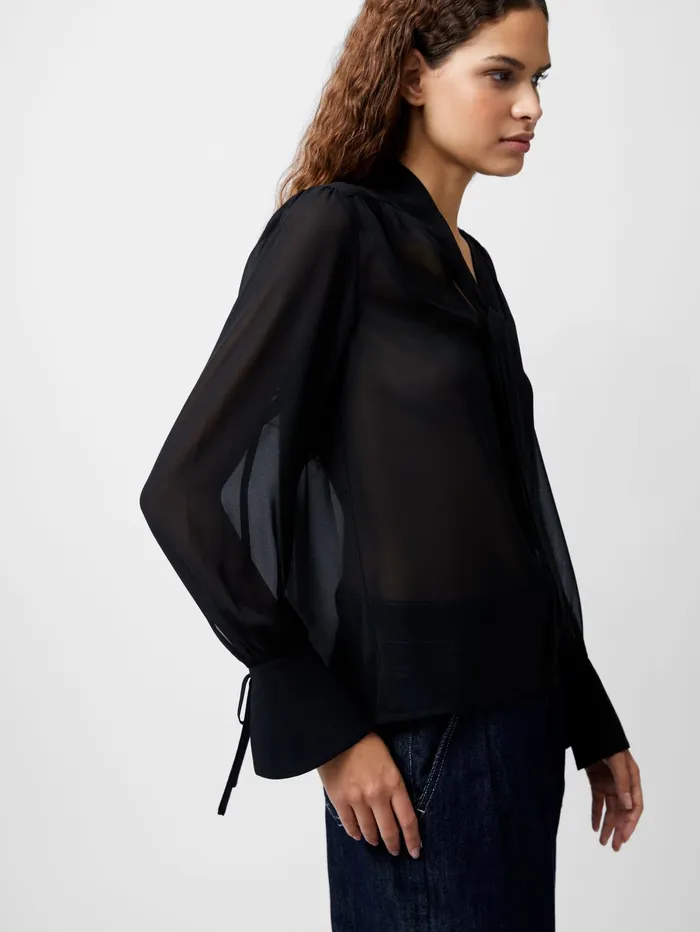 French Connection Eden Georgette Tie Neck Blouse Blackout Woman Tops