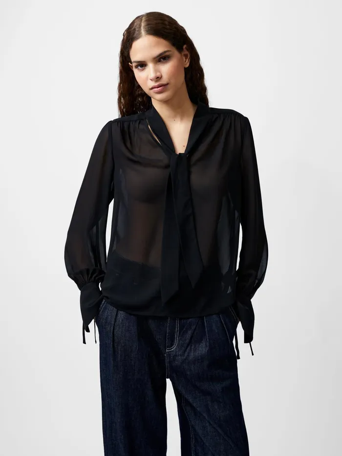 French Connection Eden Georgette Tie Neck Blouse Blackout Woman Tops
