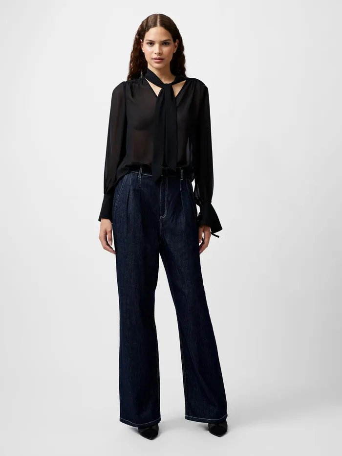 French Connection Eden Georgette Tie Neck Blouse Blackout Woman Tops