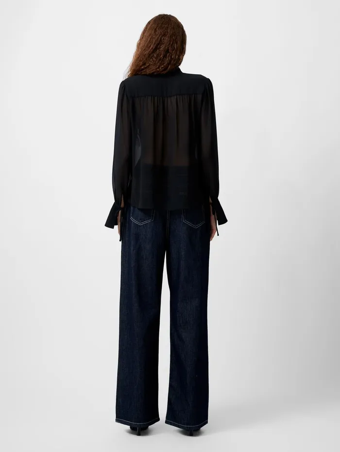French Connection Eden Georgette Tie Neck Blouse Blackout Woman Tops