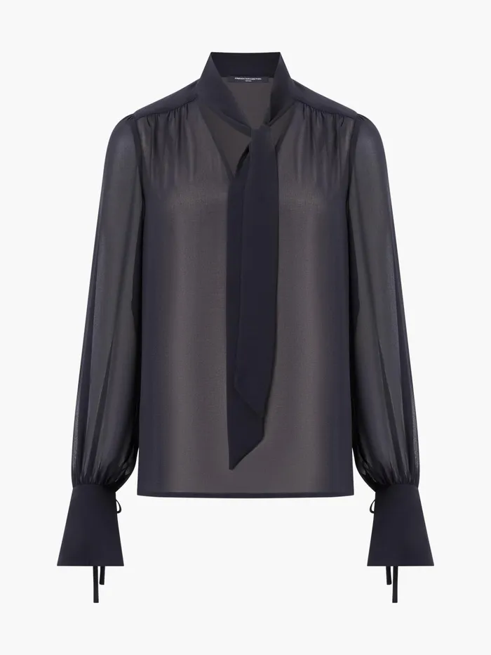 French Connection Eden Georgette Tie Neck Blouse Blackout Woman Tops
