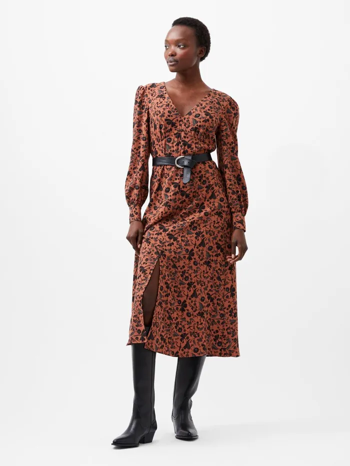 French Connection Jeanie Brina Crepe Midi Dress Russet Brown Multi Woman Dresses
