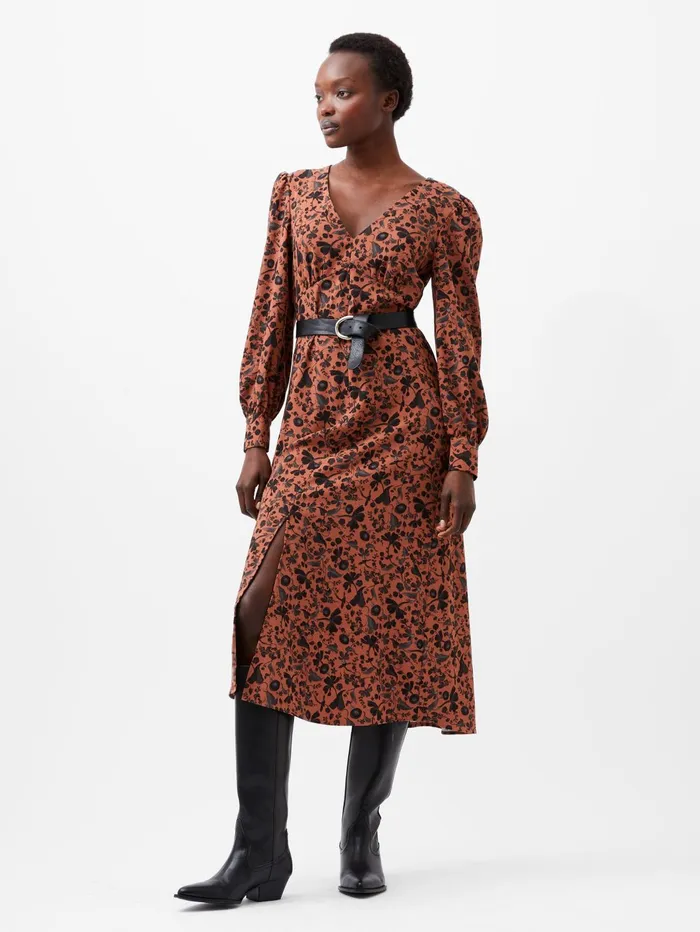 French Connection Jeanie Brina Crepe Midi Dress Russet Brown Multi Woman Dresses
