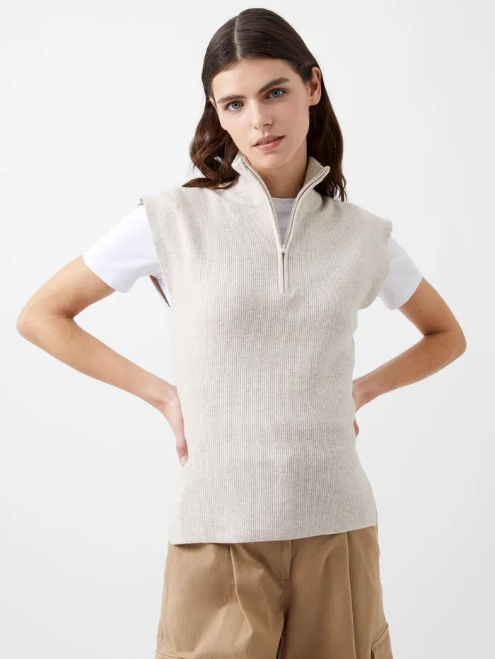 French Connection Lightweight Recycled Vhari Half Zip Vest Oatmeal Mel Woman Jumpers and Cardigans
