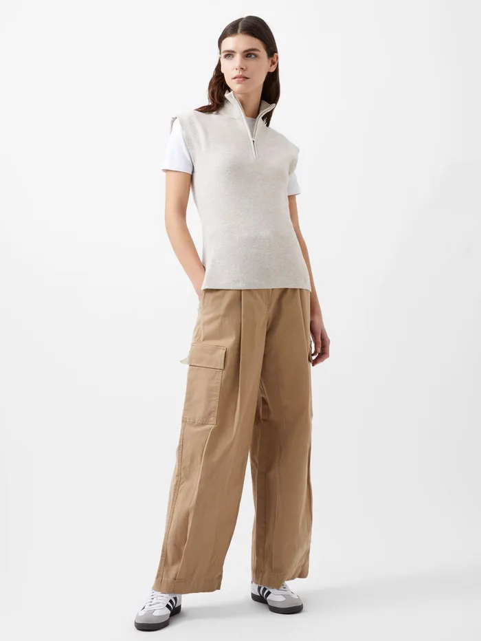 French Connection Lightweight Recycled Vhari Half Zip Vest Oatmeal Mel Woman Jumpers and Cardigans