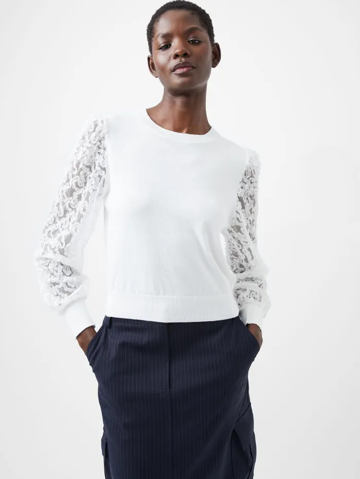 French Connection Luvy Embroidered Mesh Sleeve Jumper Winter White Woman Jumpers and Cardigans French Connection Luvy Embroidered Mesh Sleeve Jumper Winter White Woman Jumpers and Cardigans