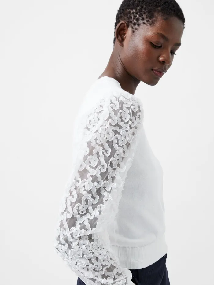 French Connection Luvy Embroidered Mesh Sleeve Jumper Winter White Woman Jumpers and Cardigans