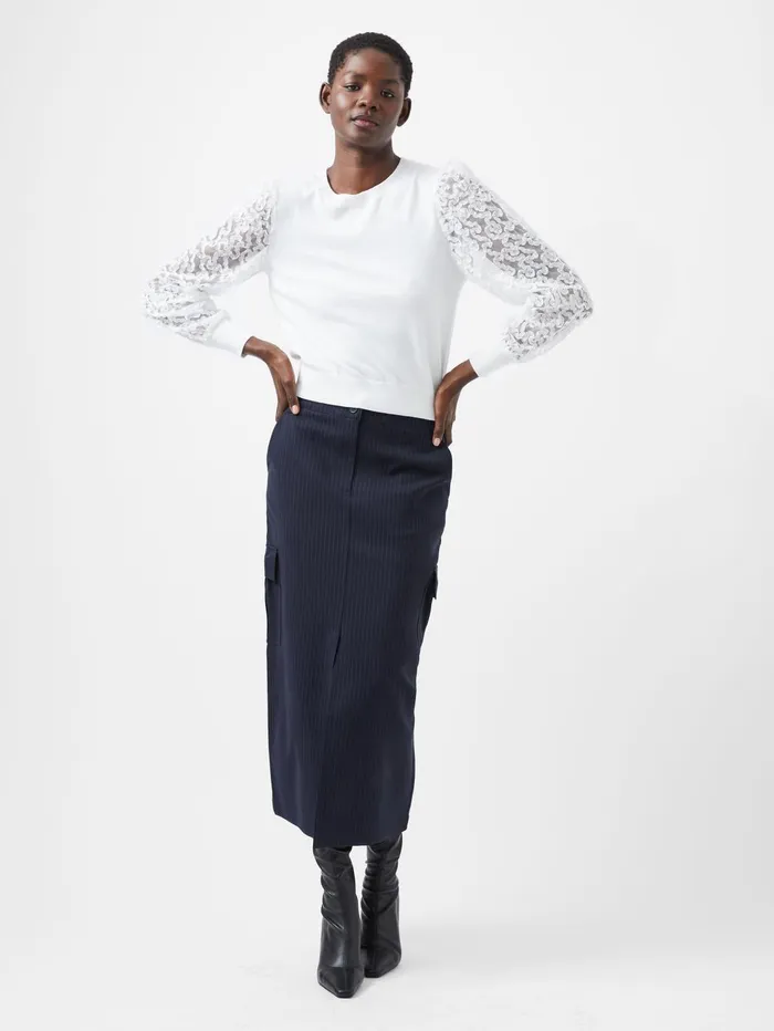 French Connection Luvy Embroidered Mesh Sleeve Jumper Winter White Woman Jumpers and Cardigans