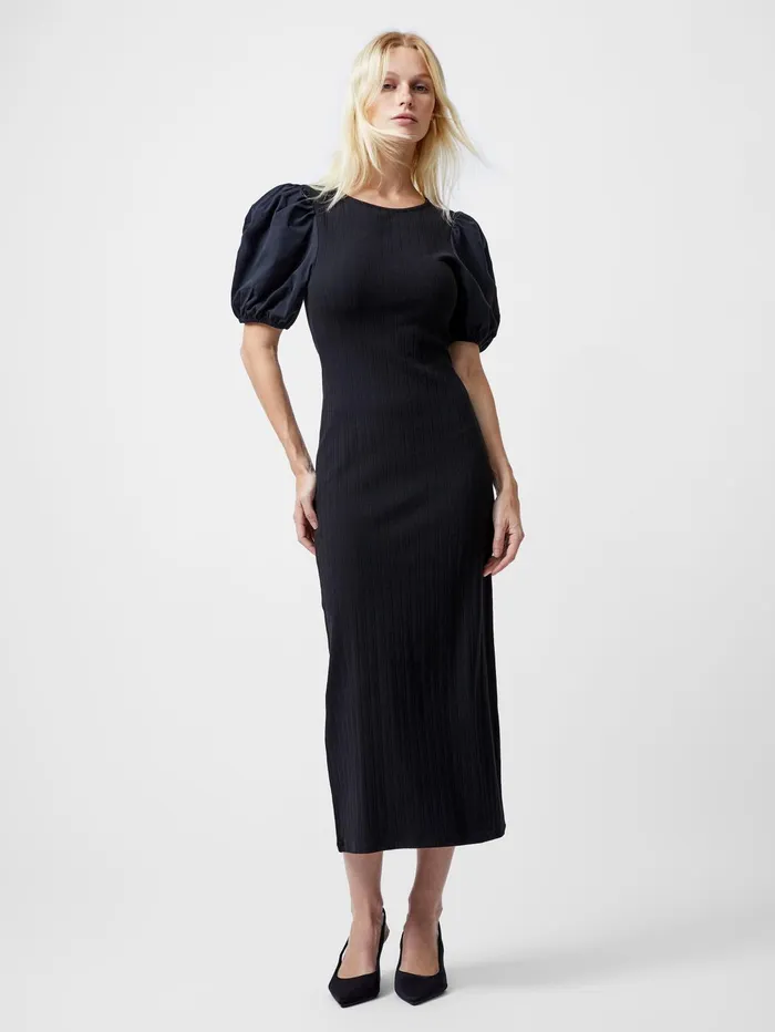 French Connection Sasia Ribbed Puff Sleeve Midi Dress Black Woman Dresses
