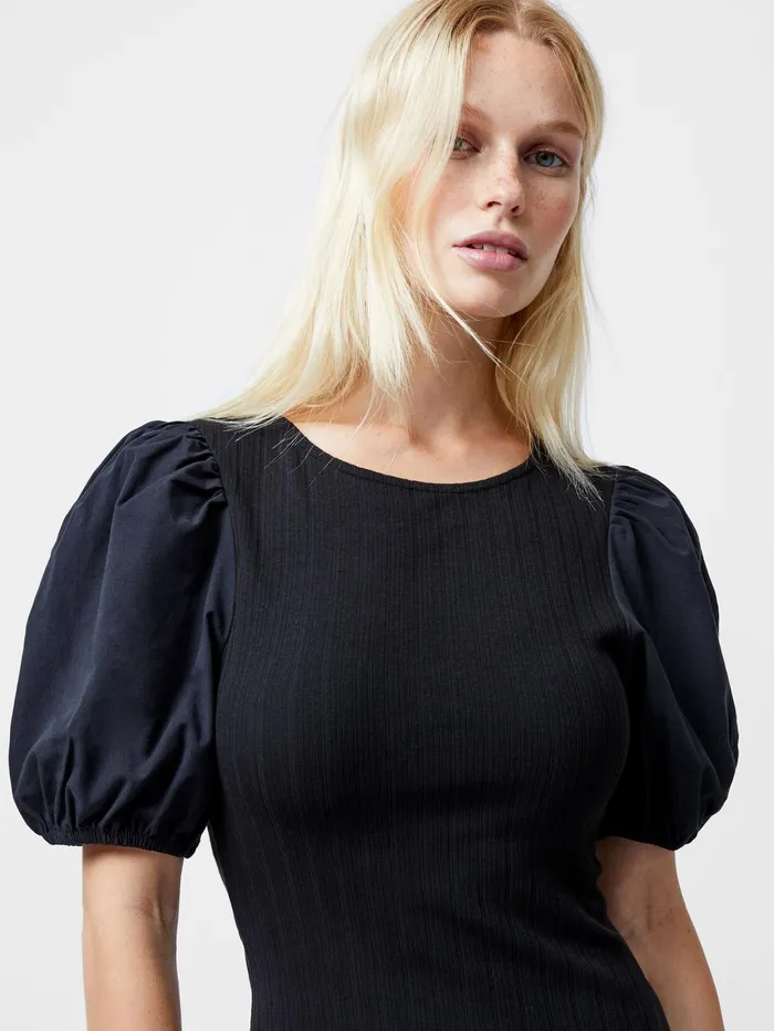French Connection Sasia Ribbed Puff Sleeve Midi Dress Black Woman Dresses