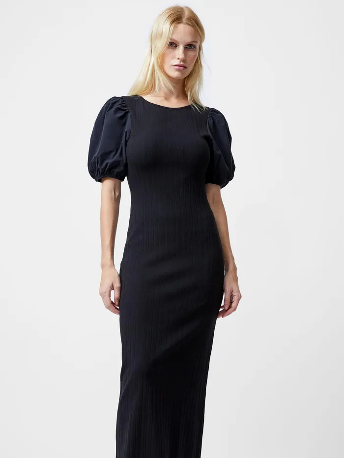 French Connection Sasia Ribbed Puff Sleeve Midi Dress Black Woman Dresses