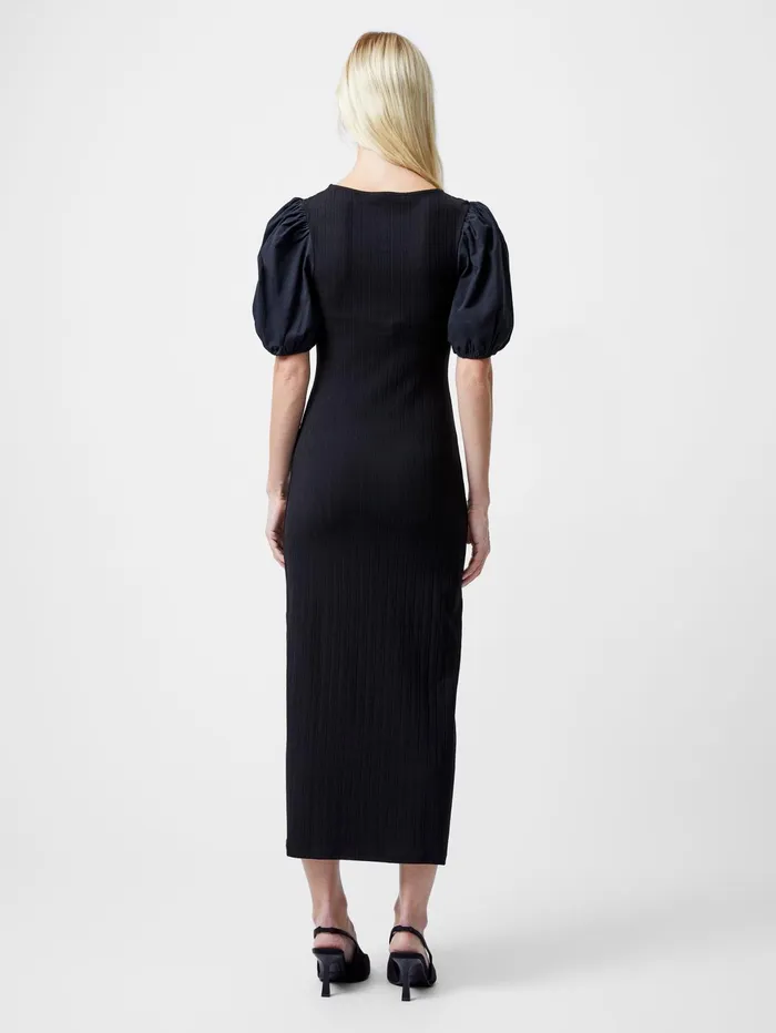 French Connection Sasia Ribbed Puff Sleeve Midi Dress Black Woman Dresses