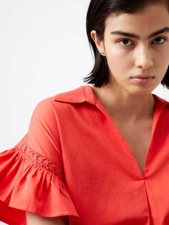 French Connection Sindey Cotton Short Sleeve Popover Shirt Cayenne Red Woman Tops French Connection Sindey Cotton Short Sleeve Popover Shirt Cayenne Red Woman Tops
