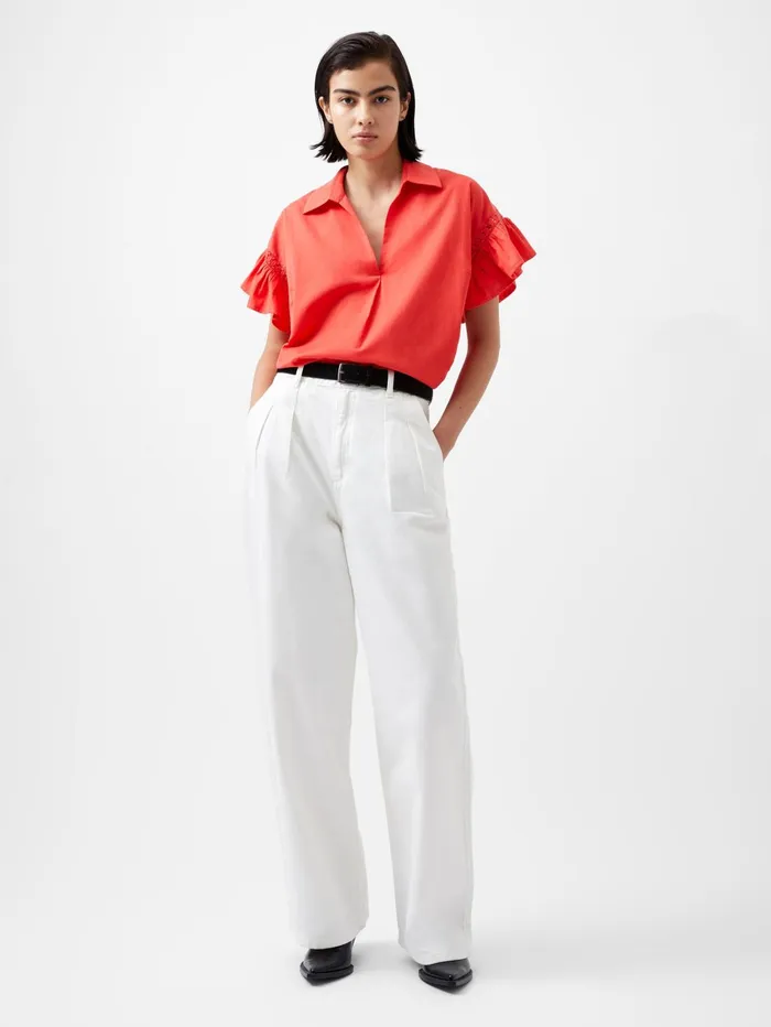 French Connection Sindey Cotton Short Sleeve Popover Shirt Cayenne Red Woman Tops
