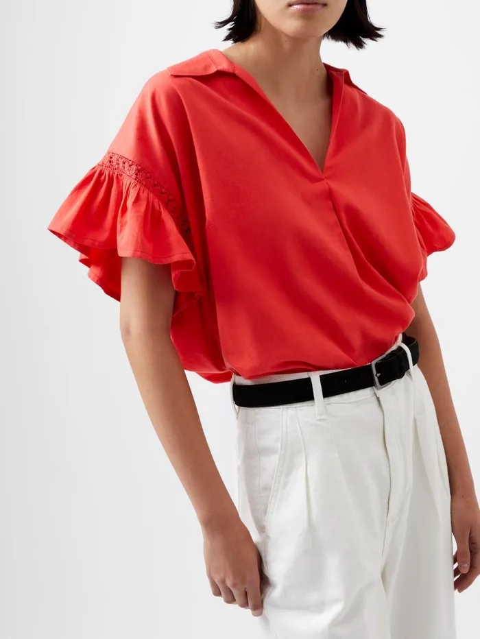 French Connection Sindey Cotton Short Sleeve Popover Shirt Cayenne Red Woman Tops