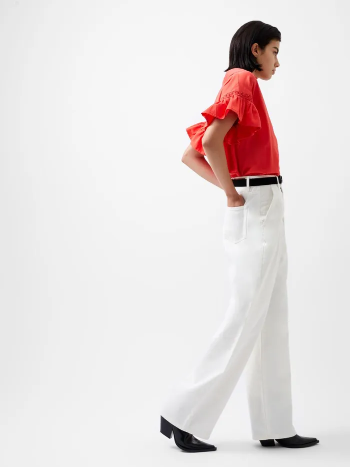 French Connection Sindey Cotton Short Sleeve Popover Shirt Cayenne Red Woman Tops