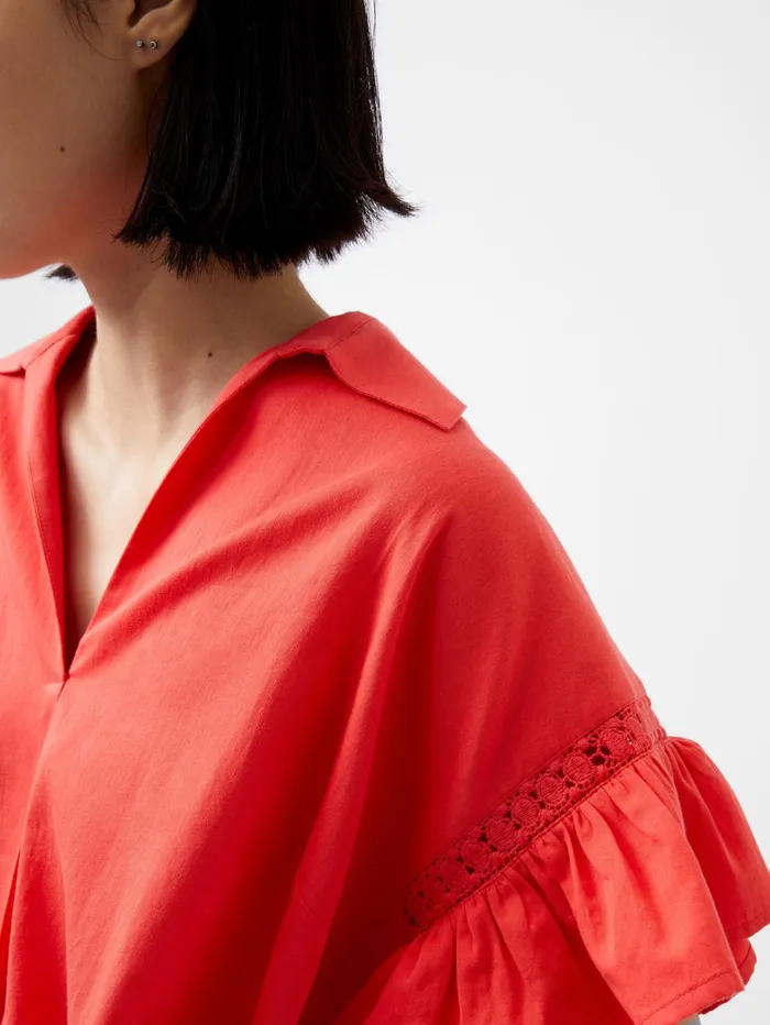 French Connection Sindey Cotton Short Sleeve Popover Shirt Cayenne Red Woman Tops