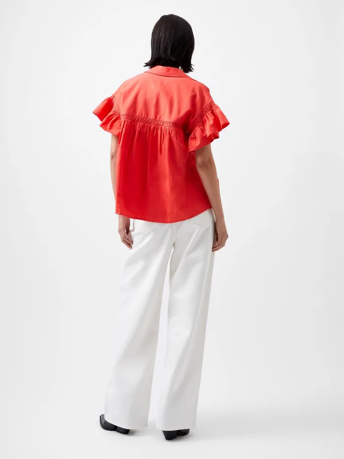 French Connection Sindey Cotton Short Sleeve Popover Shirt Cayenne Red Woman Tops