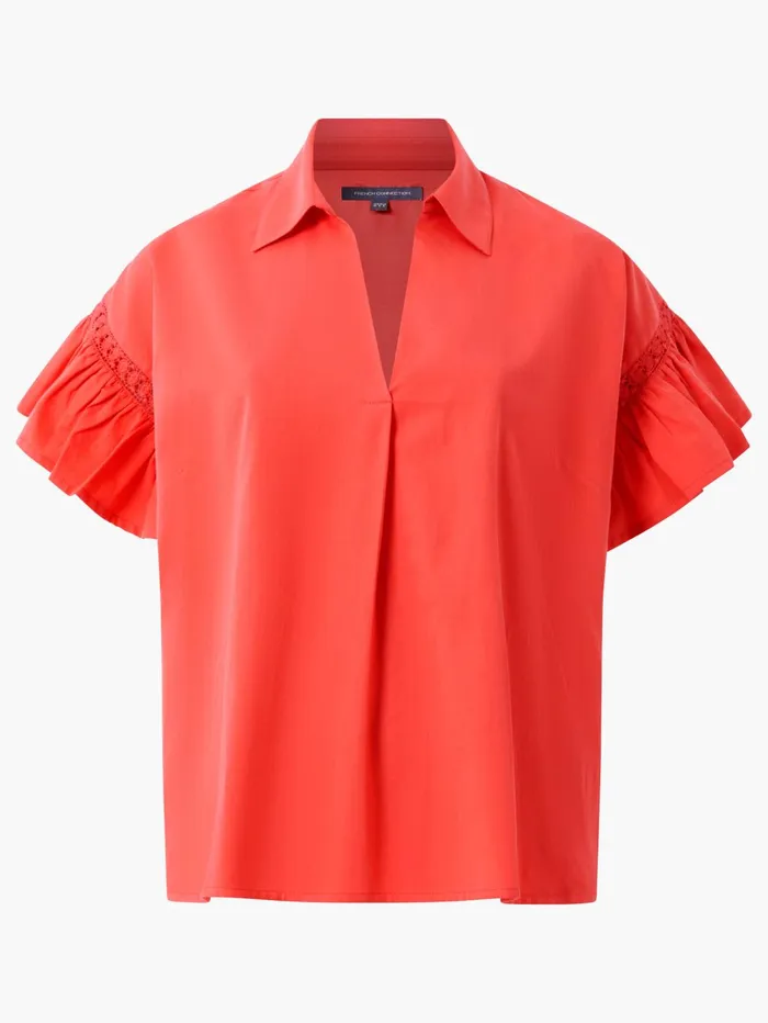 French Connection Sindey Cotton Short Sleeve Popover Shirt Cayenne Red Woman Tops