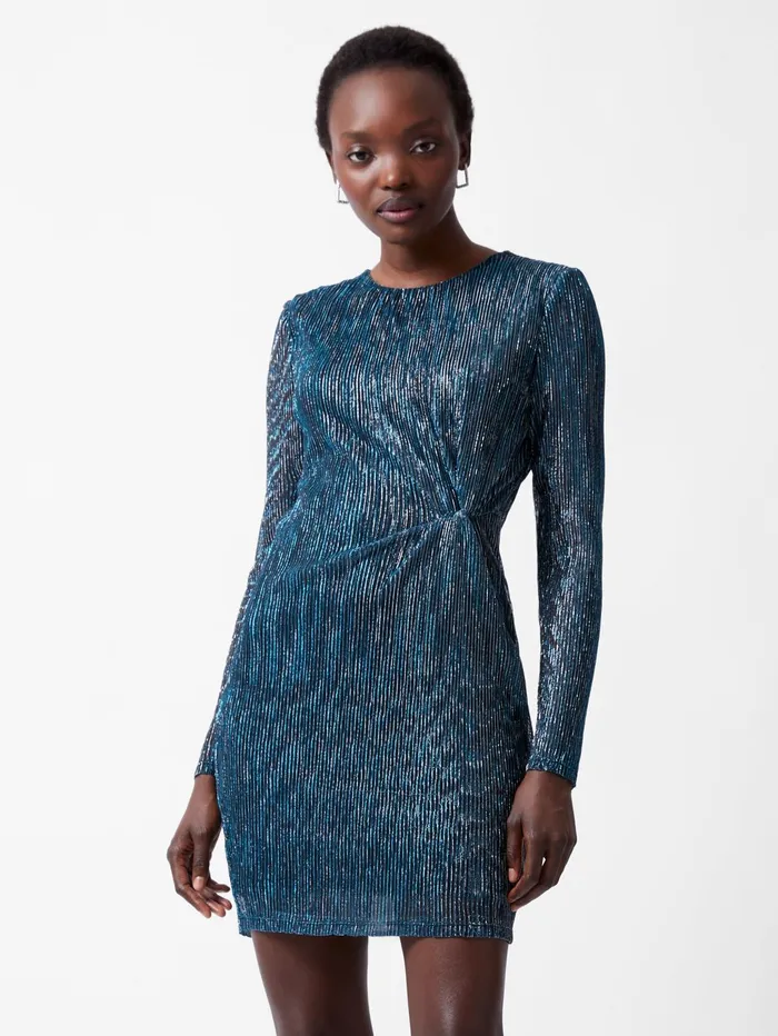 French Connection Tamy Lurex Long Sleeve Fitted Mini Dress Teal Woman Dresses