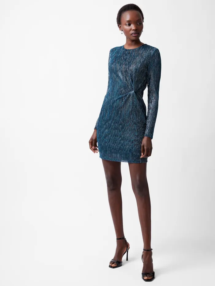 French Connection Tamy Lurex Long Sleeve Fitted Mini Dress Teal Woman Dresses