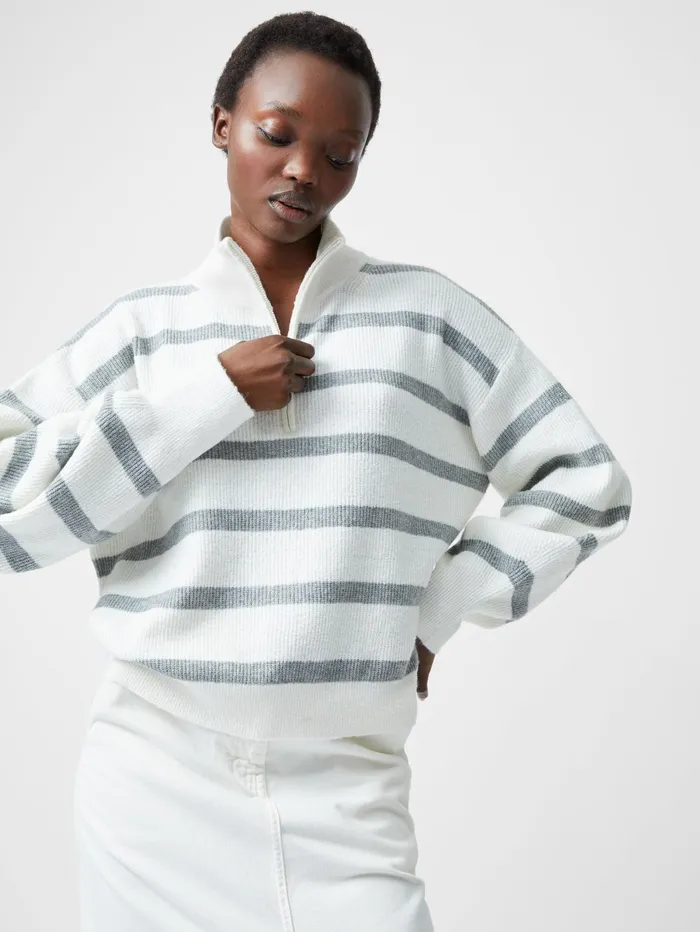 French Connection Vhari Recycled Stripe Half Zip Jumper Summer WhiteMid Grey Melange Woman Jumpers and Cardigans French Connection Vhari Recycled Stripe Half Zip Jumper Summer WhiteMid Grey Melange Woman Jumpers and Cardigans