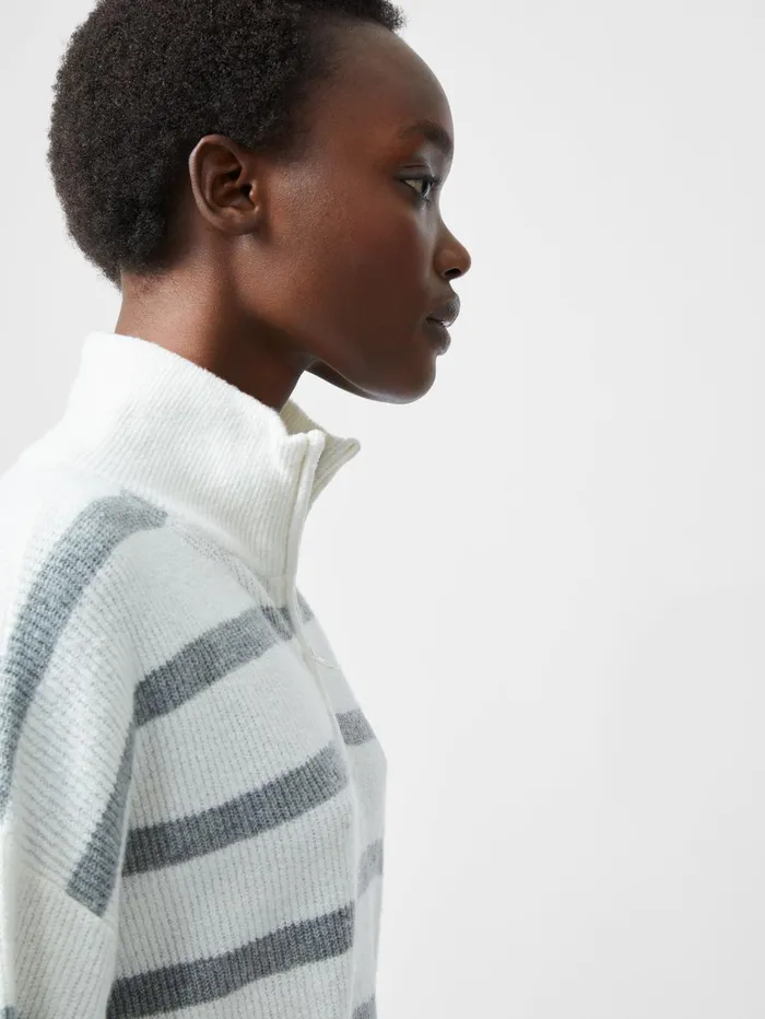 French Connection Vhari Recycled Stripe Half Zip Jumper Summer WhiteMid Grey Melange Woman Jumpers and Cardigans