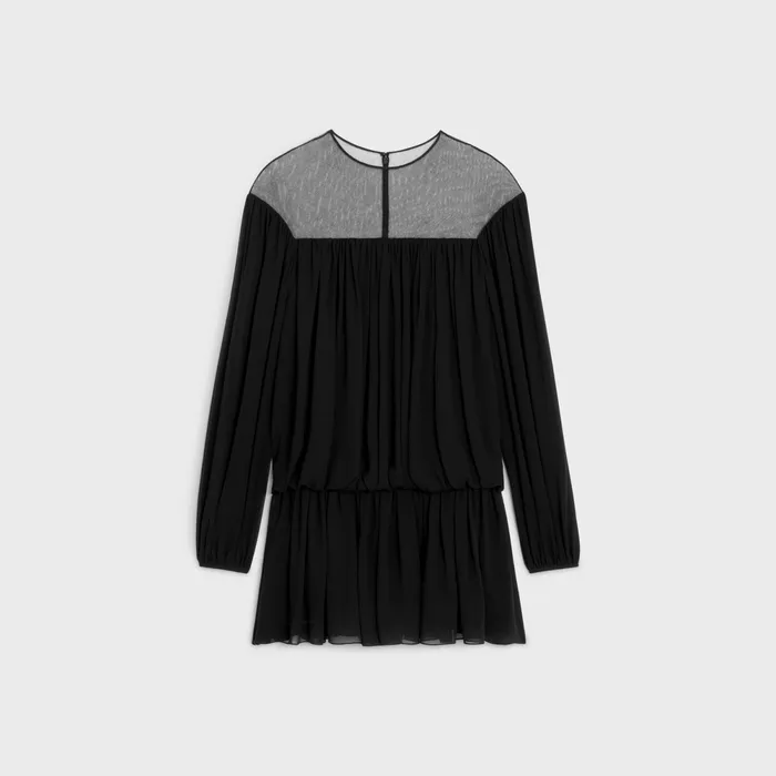 Gathered Mini Dress In Silk Georgette Black Women CELINE DRESSES AND SKIRTS