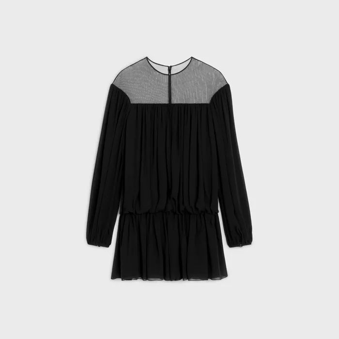 Gathered Mini Dress In Silk Georgette Black Women CELINE DRESSES AND SKIRTS
