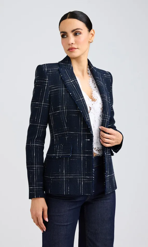 Generation Love Clothing Aimee Windowpane Tweed Blazer Navywhite Women Blazers and Jackets