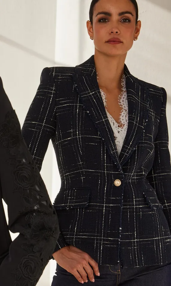 Generation Love Clothing Aimee Windowpane Tweed Blazer Navywhite Women Blazers and Jackets
