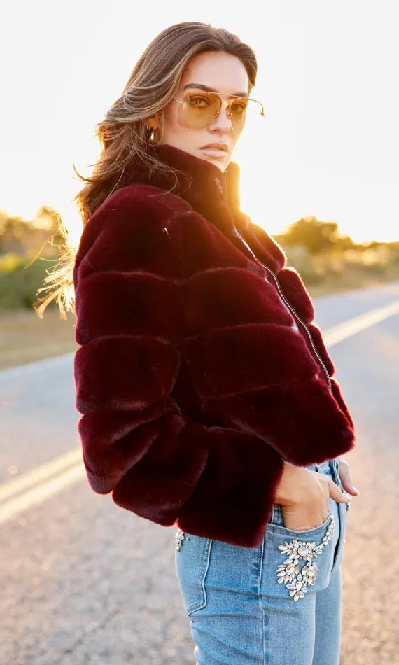 Generation Love Clothing Tala Faux Fur Bomber Malbec Women Outerwear