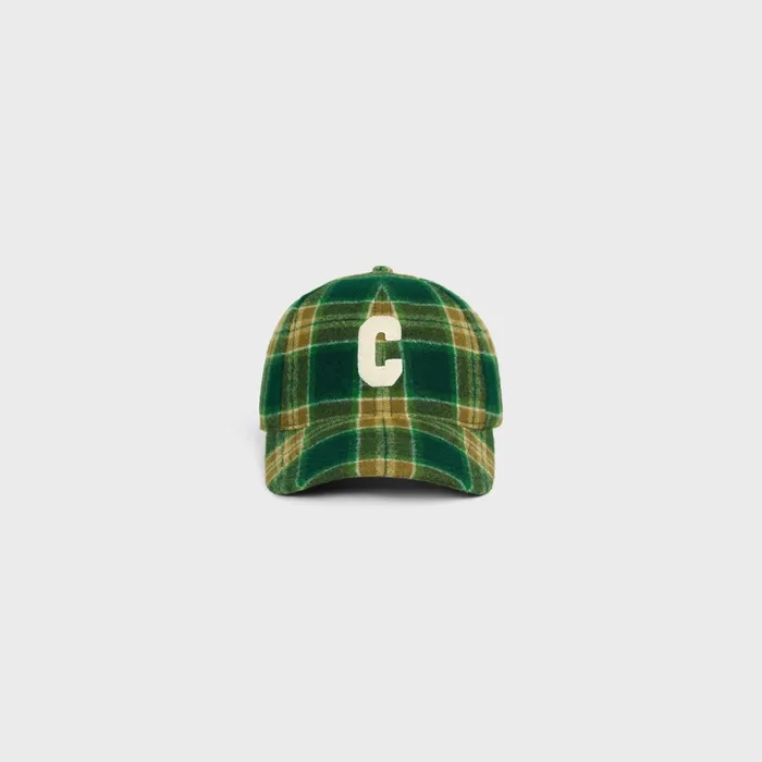 Initial Snapback Cap In Checked Wool Vertkakicraie Men CELINE HATS AND SOFT ACCESSORIES