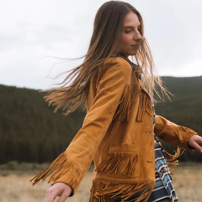 Jackets Women Stetson Lamb Suede Fringed Jacket Brown