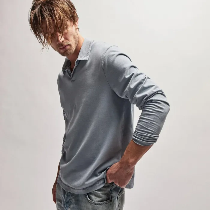 James Perse PolosNovelty Tops Heavy Luxe Jersey Long Sleeve Polo Bluestone 8211 Men