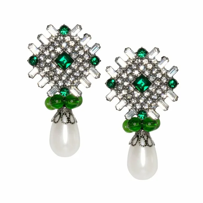 Kenneth Jay Lane Clear Crystal Earrings Women Emerald And White Pearl Drop Clip Earrings Kenneth Jay Lane Clear Crystal Earrings Women Emerald And White Pearl Drop Clip Earrings