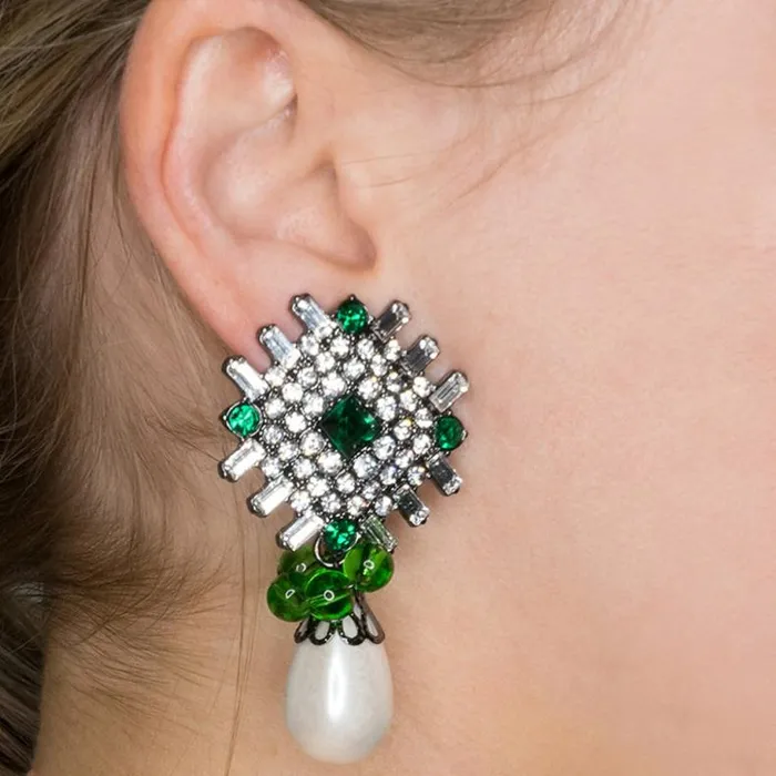 Kenneth Jay Lane Clear Crystal Earrings Women Emerald And White Pearl Drop Clip Earrings