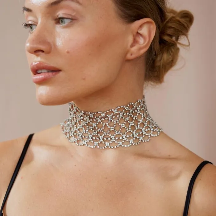 Kenneth Jay Lane Clear Crystal Necklaces Women Wide Crystal Lace Choker Kenneth Jay Lane Clear Crystal Necklaces Women Wide Crystal Lace Choker