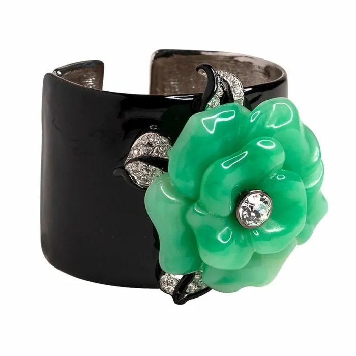 Kenneth Jay Lane Dark Color Bracelets Women Black Cuff With Jade Flower