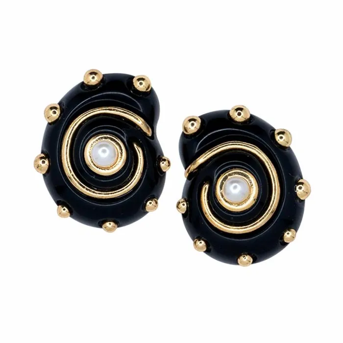 Kenneth Jay Lane Dark Color Earrings Women Black With Gold Dots And Pearl Center Shell Clip Earrings Kenneth Jay Lane Dark Color Earrings Women Black With Gold Dots And Pearl Center Shell Clip Earrings