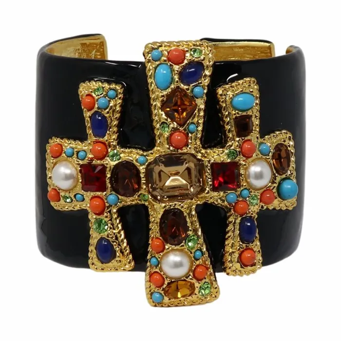 Kenneth Jay Lane Dark Color Gem Bracelets Women Black Enamel Gemstone Cuff
