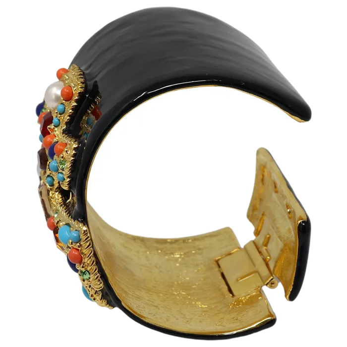 Kenneth Jay Lane Dark Color Gem Bracelets Women Black Enamel Gemstone Cuff