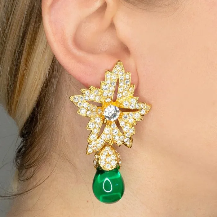 Kenneth Jay Lane Dark Color Gem Earrings Women Flower Top Emerald Teardrop Clip Earrings