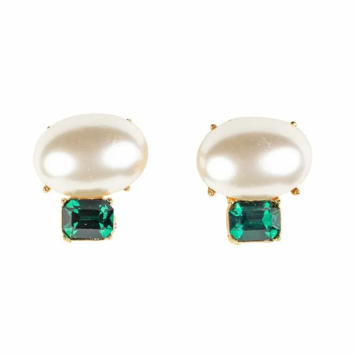 Kenneth Jay Lane Dark Color Gem Earrings Women Pearl and Emerald Stone ClipOn Earrings Kenneth Jay Lane Dark Color Gem Earrings Women Pearl and Emerald Stone ClipOn Earrings