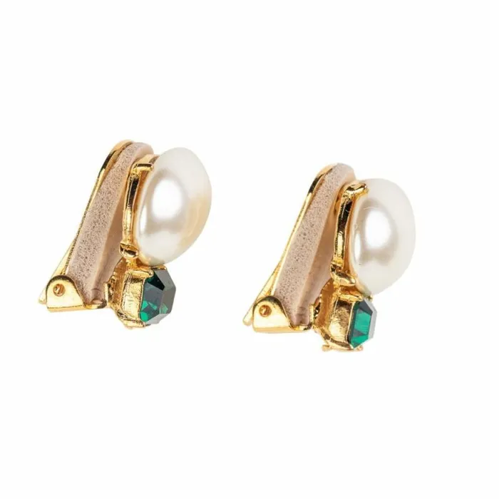 Kenneth Jay Lane Dark Color Gem Earrings Women Pearl and Emerald Stone ClipOn Earrings